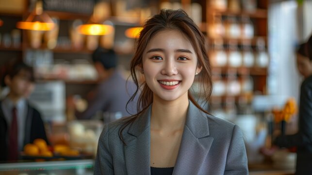 Corporate happiness where young, dynamic businesswoman, beautiful manager, adds touch of positivity to her modern office space, making each task joyful endeavor. Generative AI.