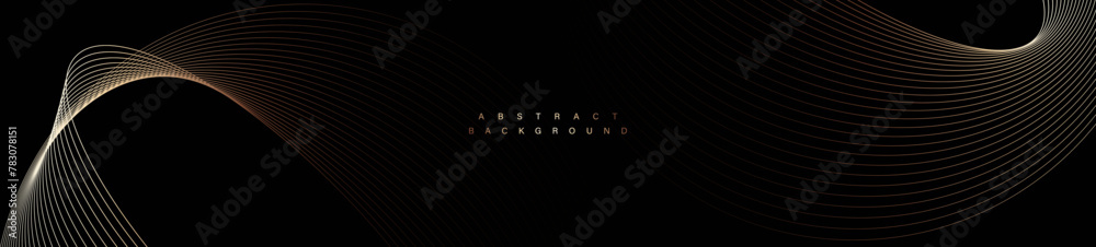 Wall mural black abstract background with gold curve lines. glowing golden circle. swirl lines. elegant design 