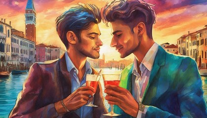 2 LGBT young people drinking wine in Venice at sunset