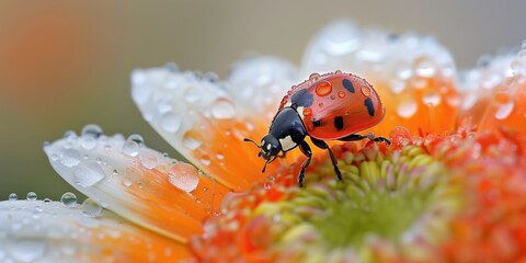 Macro Photography, Ladybug on Orange Flower with Pristine Water Droplets