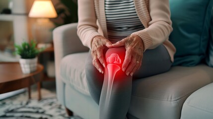 Obraz premium A senior woman with knee pain sitting on the sofa at home, closeup of her hands holding and pressing a red glowing part in front of her knee
