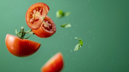 Fresh ripe tomato halved on green background, floating in midair with vibrant red tomato - Powered by Adobe