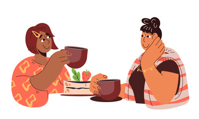 Women friends drinking coffee and eating dessert, while chatting, vector illustration on white background. Happy women spending time together having friendly conversation.