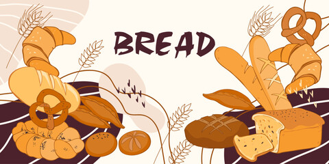 Baked production and bakery banner background template for website or social media, flyer print. Bread production and pastry, bakery customizable template, vector illustration.