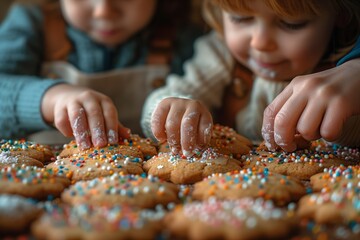 Children decorating cookies with sprinkles