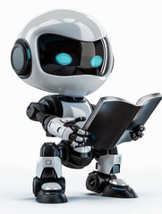 a small chat robot posing as it holds a book, set against a white isolated background, suitable for a resource library or academic articles