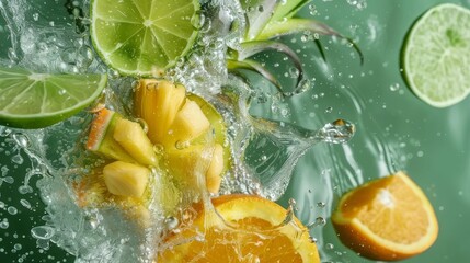 Organic tropical fruit floating in water for fresh juice and smoothie advertisement