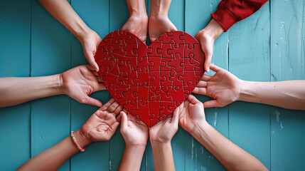 top view of people putting a heart shaped puzzle together, concept of donating blood, cardio health, give life - obrazy, fototapety, plakaty