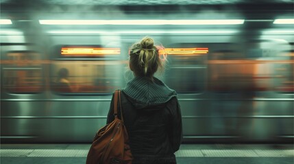 City woman with stylish attire smiles on a bustling street, holding a phone, amidst fall foliage, showcasing urban fashion and lifestyle