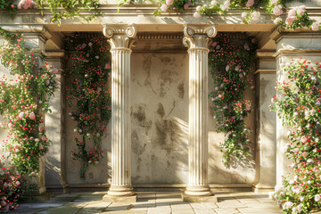 Springtime Serenity: A Grecian Oasis with Ancient Pillars and Floral Arch