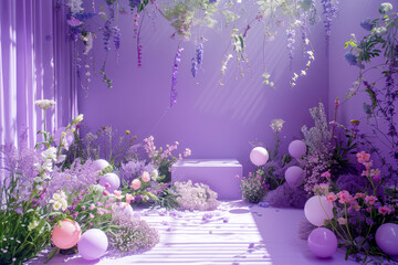 Vibrant Neo-Concrete Stage Design: A Pastoral Symphony of Purple Tones and Balloon Garland