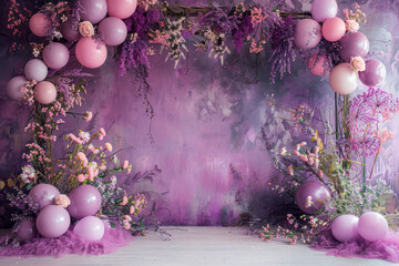 Neo-concrete Pastoral Bliss: A Purple Stage Set with Ball Garland, Flowers, and Balloons