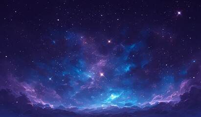 A beautiful nebula with vibrant colors of purple, blue and teal in the background of space. The stars form intricate patterns  - obrazy, fototapety, plakaty