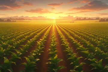 A beautiful sunrise over the cornfield, with green leaves and rows of crops stretching into the distance under a clear blue sky.  - obrazy, fototapety, plakaty