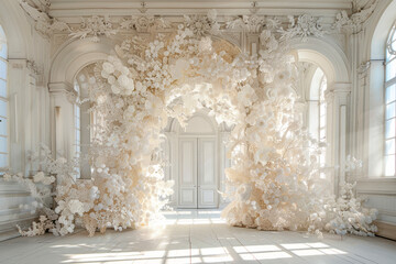 Enchanting Floral Paper Decorations Adorning a White Cathedral Door in a Crystalline and Baroque Style