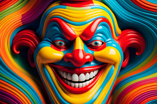 An art painting with a huge Jokers face surrounded by colorful lines, yarn textures, and artwork hanging paintings, wallpaper Illustration
