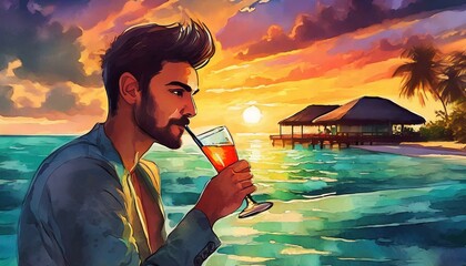 young man drinking wine in maldives at sunset