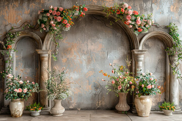 Fototapeta na wymiar Exquisite Stone Arch Frame: Elegant Vases and Flowers in Subtle Tonal Gradients