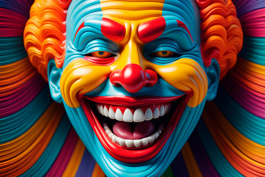 An art painting with a huge Jokers face surrounded by colorful lines, yarn textures, and artwork hanging paintings, wallpaper Illustration