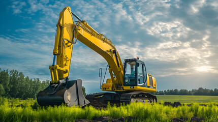 excavator loads the ground in the stone crusher machine during earthmoving works outdoors on green field, Creative Banner. Copyspace image