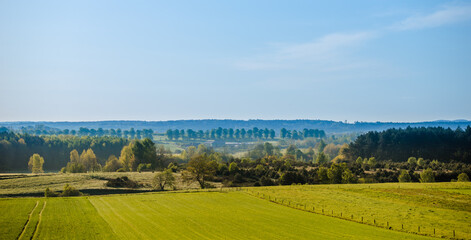 Countryside panorama with grass field, trees and forest in Poland
