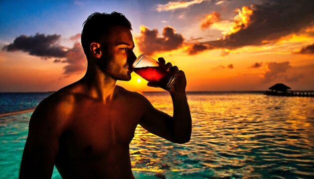 young man drinking wine in maldives at sunset