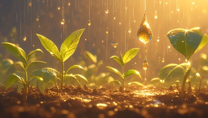 A closeup shot of water droplets falling onto the soil, with green plants growing in it and sunlight shining on them. The background is blurred