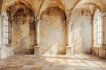 Fototapeta premium Stunning Medieval Architecture: Massive Castle-Style Beige Wall Adorned with Elegant Arches