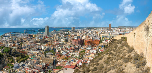 Panormaic view of the city center of Alicante from Santa Barbara Castle, Valencia region, Spain - obrazy, fototapety, plakaty