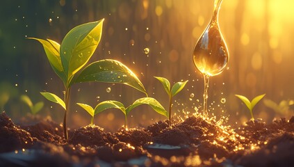 A closeup shot of water droplets falling onto the soil, with green plants growing in it and sunlight shining on them. The background is blurred.  - obrazy, fototapety, plakaty