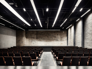 Naklejka premium An empty auditorium with rows of empty chairs and a stage in the center.