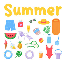 Set of summer Seasonal elements. tropical vacation. vector illustration
