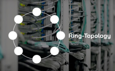 illustrated Ring-Topology and Ring-Topology lettering in front of a wires and lights of server in...