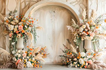 Fototapeta na wymiar Boho Chic Cream-Colored Arch Backdrop for Realistic and Stylish Photography