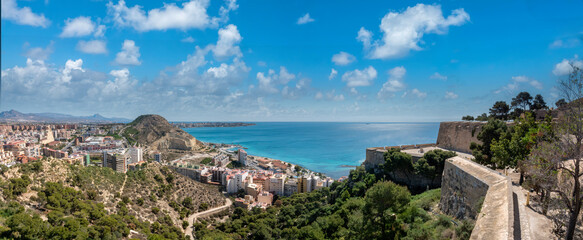 View of the northern coast of Alicante from the ruins of the Santa Barbara Castle, Valencia region, Spain - obrazy, fototapety, plakaty