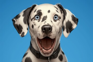 A Dalmatian dog with its mouth open, surprised expression, cute and funny