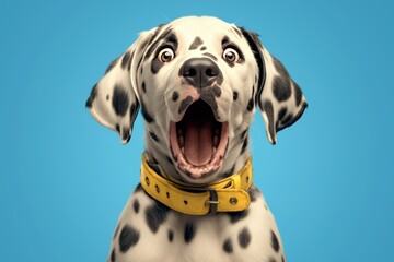 A Dalmatian dog with its mouth open, surprised expression,