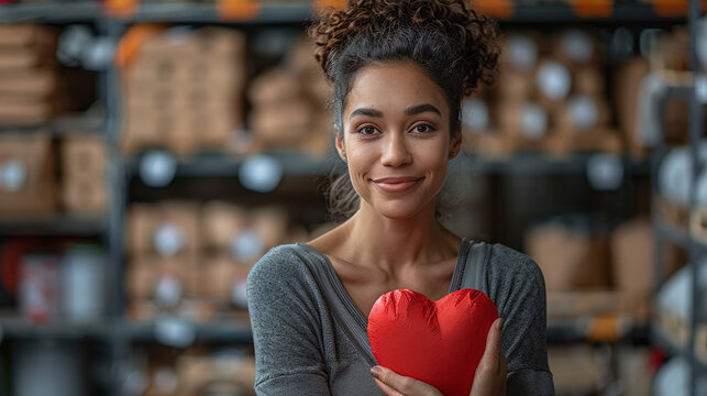 portrait of young black woman holding red heart, charity, blood donor
