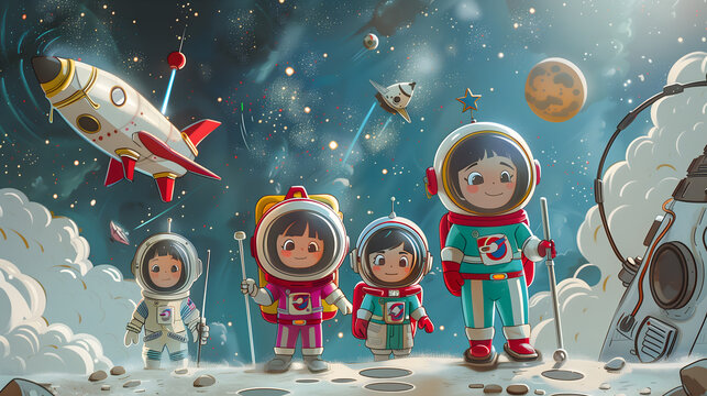 cartoon 3d style Children in space with spaceships and astronauts Exploring the stars