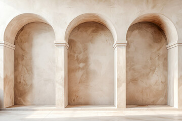 Fototapeta na wymiar Minimalist Architecture: Three Arches in Pastel Beige with Ragging Painting Technique