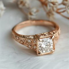 Stunning engagement ring with a radiant diamond centerpiece set in rose gold
