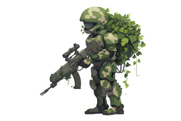 Biomorphic Stealth Trooper : A soldier with a camouflaging exoskeleton, merging with the environment, on a pure white stage. - obrazy, fototapety, plakaty