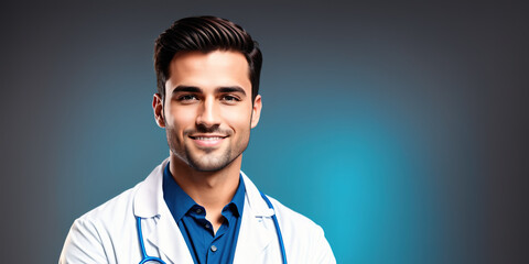 A young man in a white lab coat standing in front of a white background. - obrazy, fototapety, plakaty