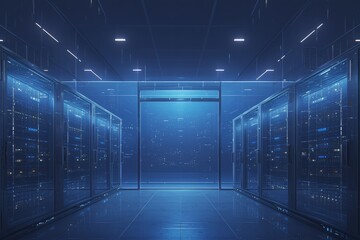 A dark, futuristic data center with glowing blue lights and hightech equipment. The scene is filled with rows of advanced computer combination and storage devices in the background.  - obrazy, fototapety, plakaty