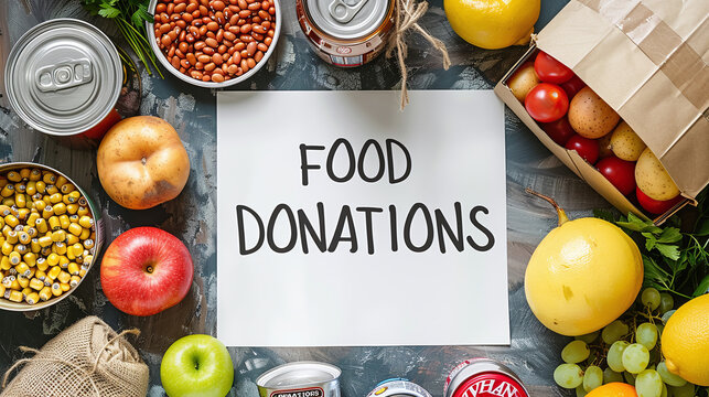 top view flat lay of piece of paper with "food donations" written on it, canned food, nonperishable food, charity