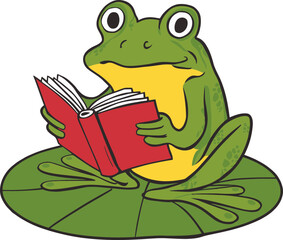 Cartoon Frog reading a book on a lily pad illustration