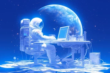 Foto op Canvas astronaut sitting on chair with laptop computer isolated blue background, space theme © Photo And Art Panda