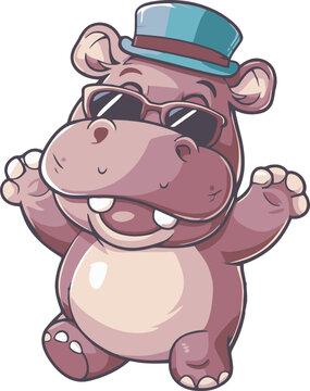 vector illustration of a cartoon hippopotamus dancing and wearing hat and sunglasses