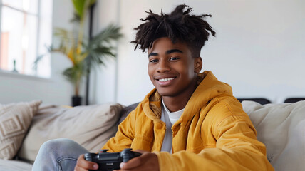 A young man in a yellow hoodie is smiling while holding a video game controller. 18 year old black boy, sitting couch in empty white room holding a gaming consol, awkward smile expression on his face