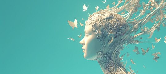 woman head with butterfly flying out from the brain, side view, light turquoise background color